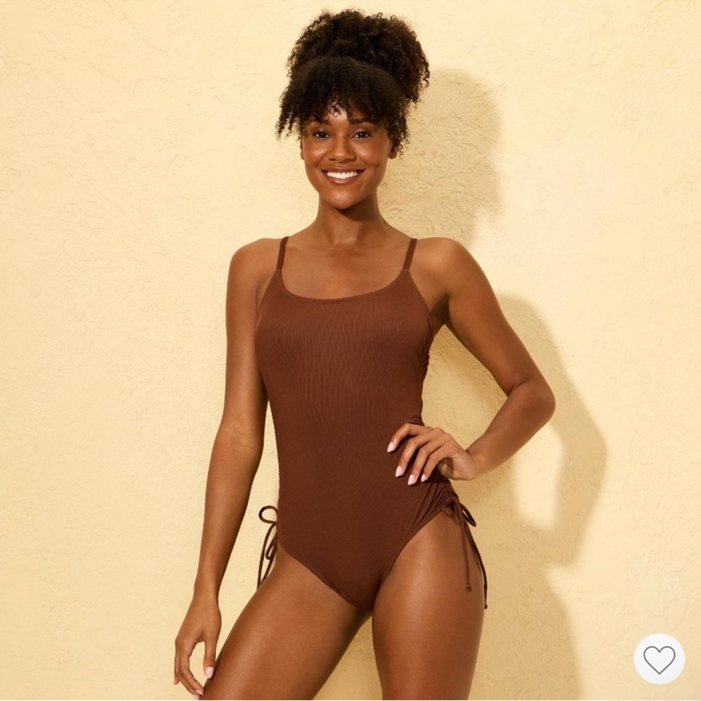Ribbed Scoop-Neck Brown One-Piece Swimsuit with Side Ties sizeXS